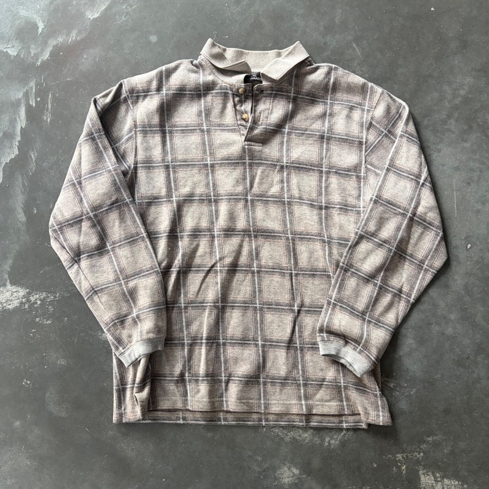 Marc Edwards Mens Plaid Long Sleeve Polo Shirt Brown Grey Size M